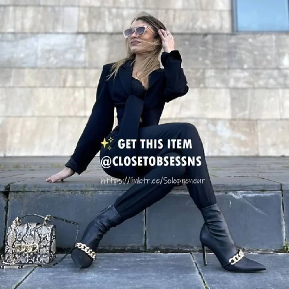 Zara Black Pointed Toe Stiletto Ankle Boots with Gold Chain
